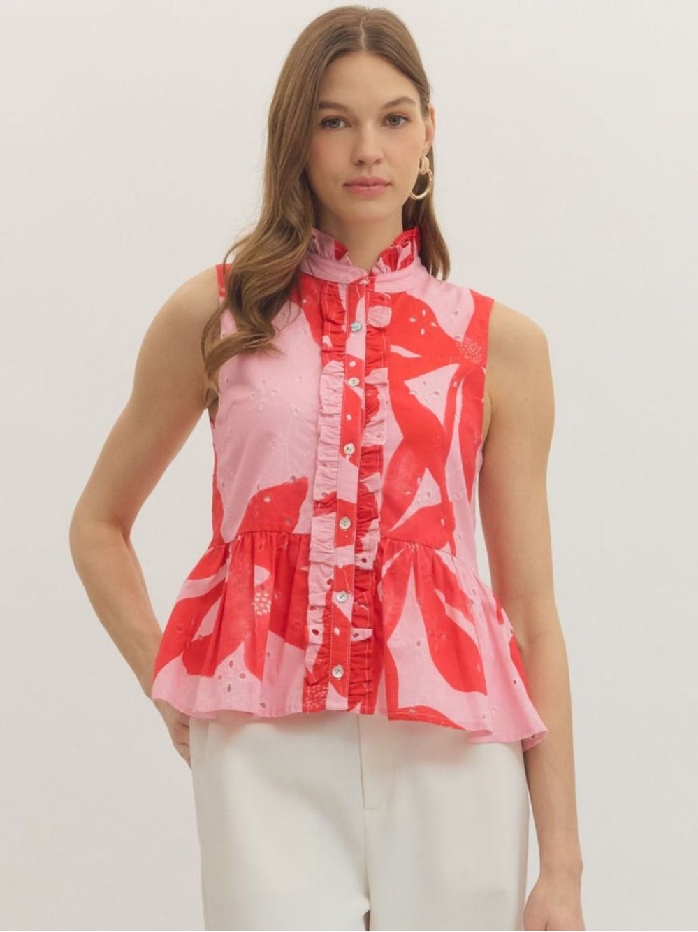 entro Pink & Red Floral Ruffle Button Peplum Top